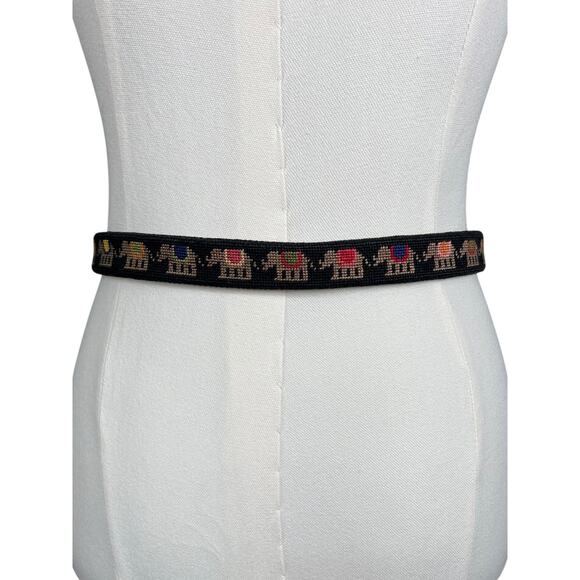 Vintage Elephant Needlepoint Belt Black Leather Preppy Size 31